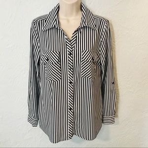 Studio Works Black White Striped Button Front Blouse NWOT Size S